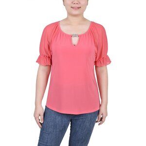 NY Collection Women's Petite Short Ruffle Sleeve Top Rhinestones Pink Size PS